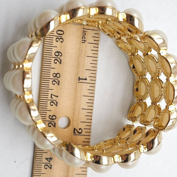 Gold Tone Stretch Bracelet With Faux Pearls By Chicos - Picture 5 of 5